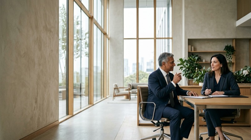 Two senior executives in conversation at a table in a modern glass-walled office