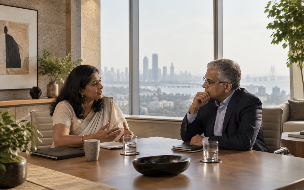 Senior Indian executives discussing leadership strategy in a Mumbai office