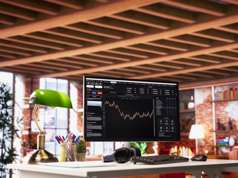 Stock market candlestick chart displayed on a desktop monitor