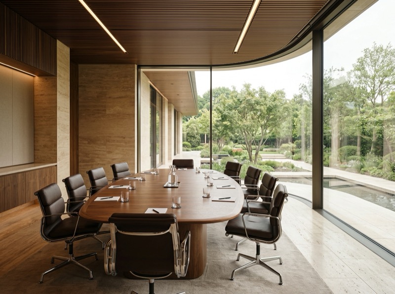 Modern executive boardroom with natural lighting and floor-to-ceiling glass windows
