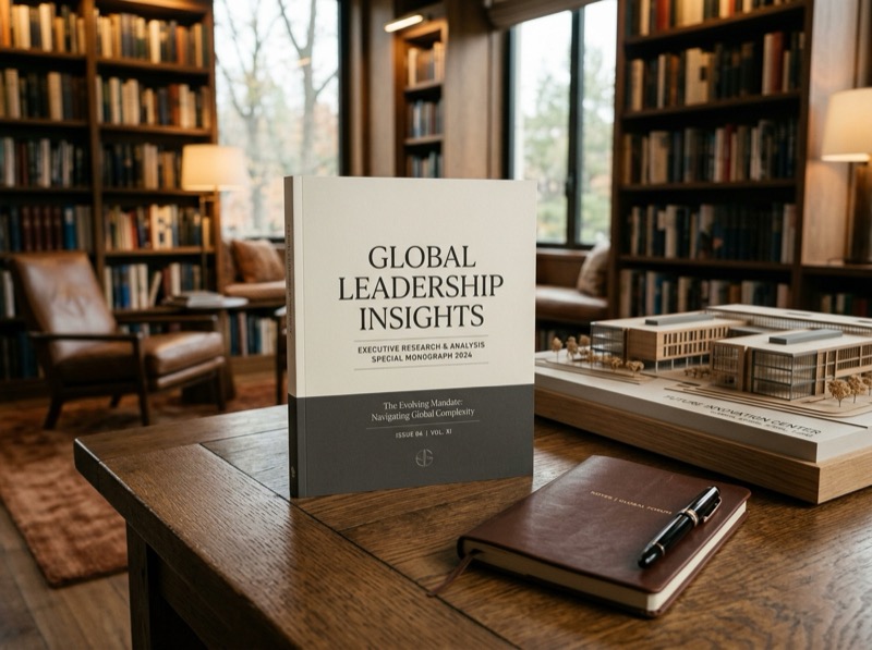 Printed Global Leadership Insights monograph and leather study journal in an executive library