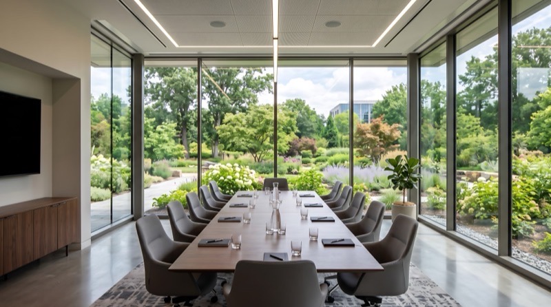 Empty executive boardroom with floor-to-ceiling glass walls overlooking a lush garden
