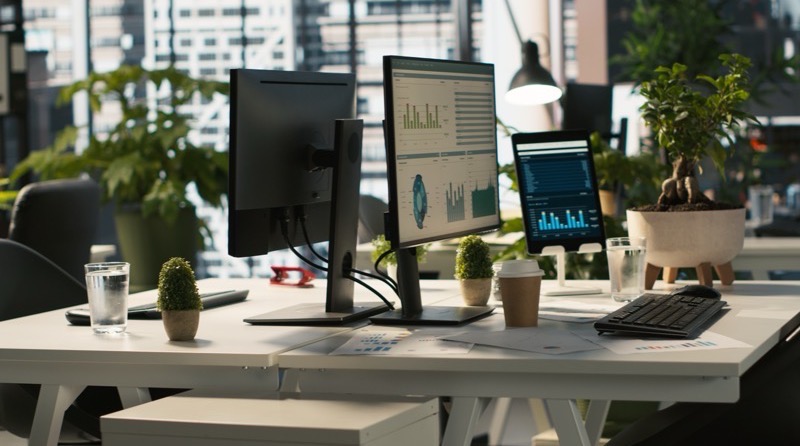 Modern office desk with dual monitors displaying data dashboards at golden hour